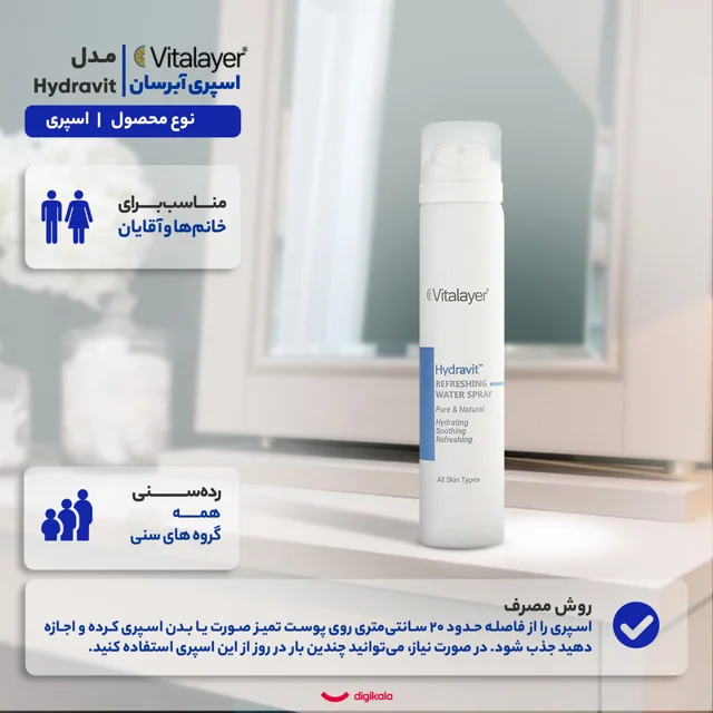 اسپری آبرسان صورت و بدن ویتالیر مدل Hydravit مناسب برای انواع پوست حجم 75 میلی لیتر 102817514