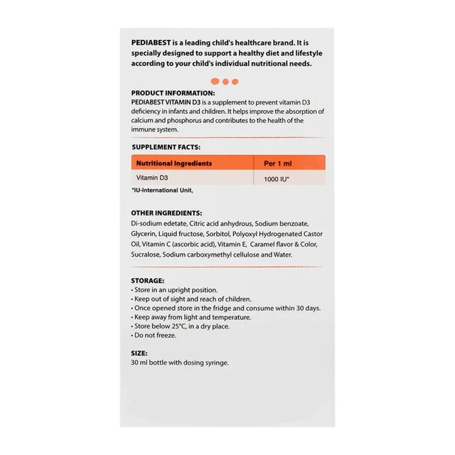 قطره ویتامین د3 1000 میلی گرم با طعم کارامل پدیا بست حجم 30 میلی لیتر 102943401